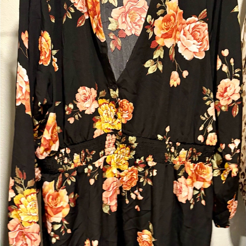 Rue21 Black Floral Wrap Dress with Peach and Yellow Roses